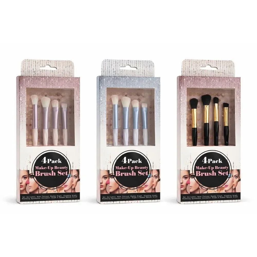 4Pc Makeup Brush Set Contour Blending Eyeshadow Crease Pink Blue Black